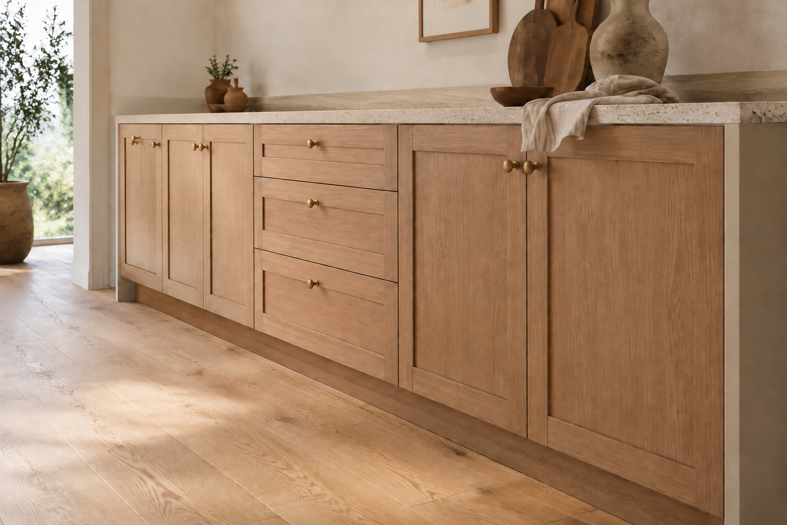 Base cabinet, toe space, countertop, and flooring layers shown together in a realistic kitchen section.