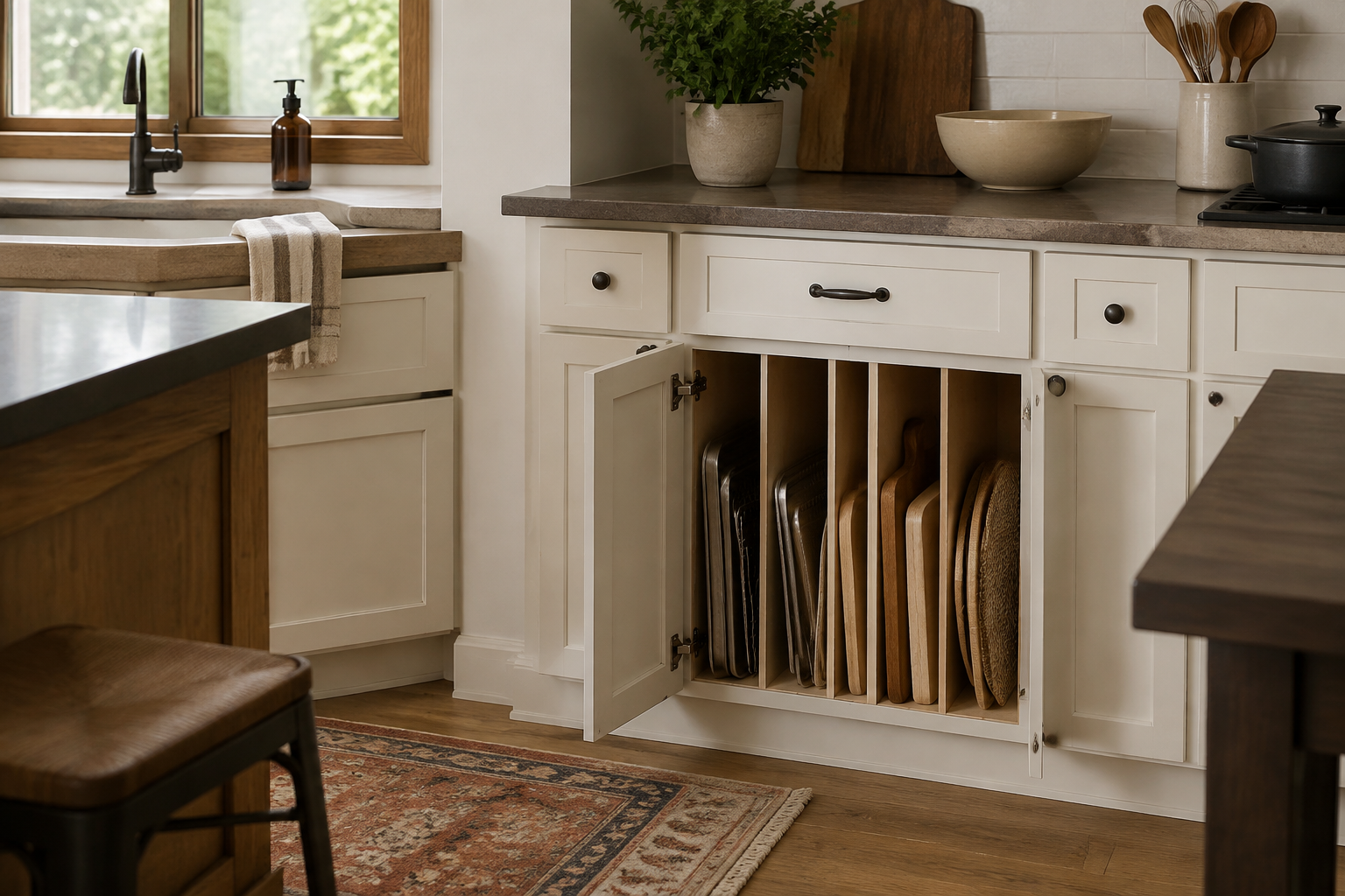 Door cabinet with vertical dividers organizing baking sheets, cutting boards, and serving trays.