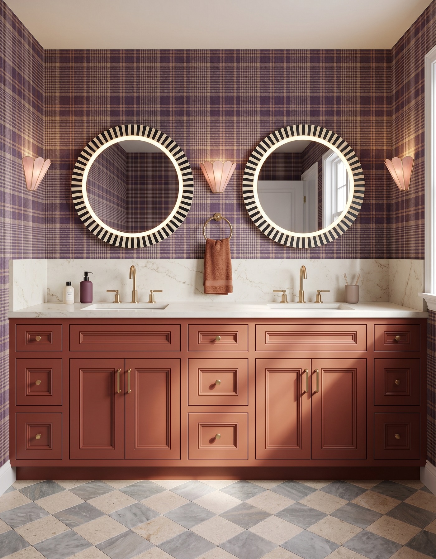 AI-created concept: Rust-colored vanity cabinets pair plum plaid with striped circular mirrors and a terracotta towel.