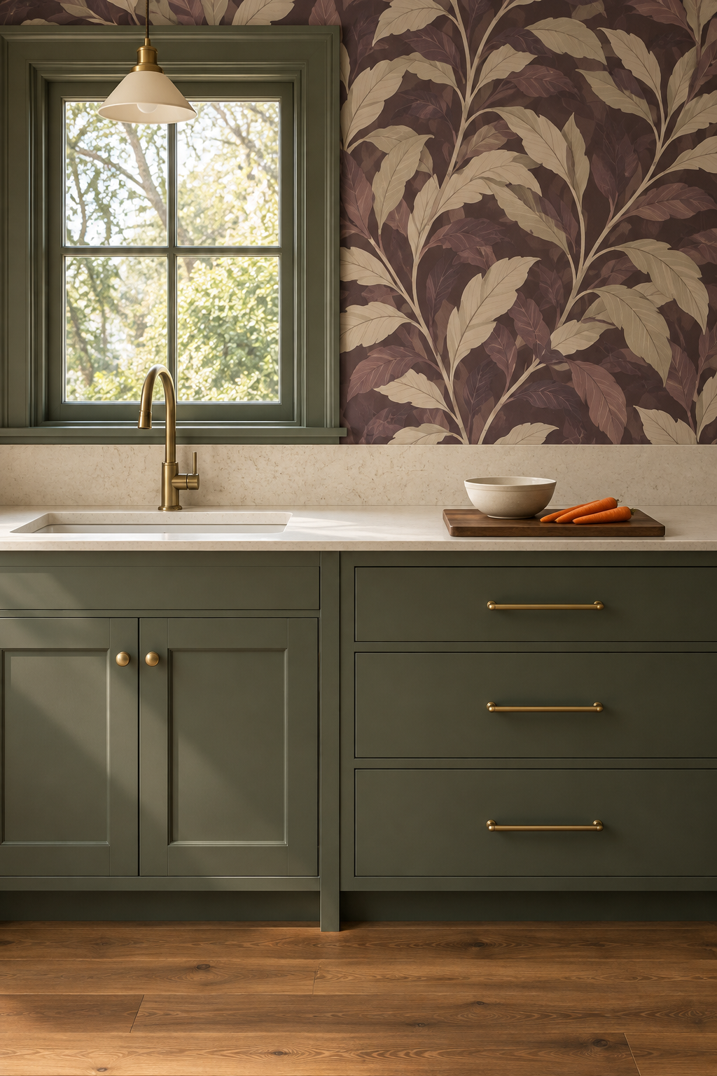 Generated kitchen concept with a clear preparation counter beside a sink, separate sage drawer cabinets, and a cutting board holding carrots and a bowl.