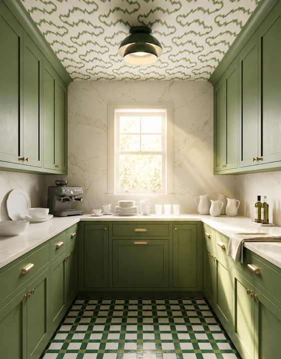 Concept image of a sunny green U-shaped pantry with a checkerboard floor and a wavy patterned ceiling.
