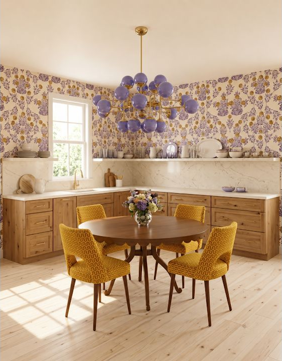 Concept image of a pale kitchen with a purple glass chandelier over a wood dining table surrounded by yellow chairs near a bright window.
