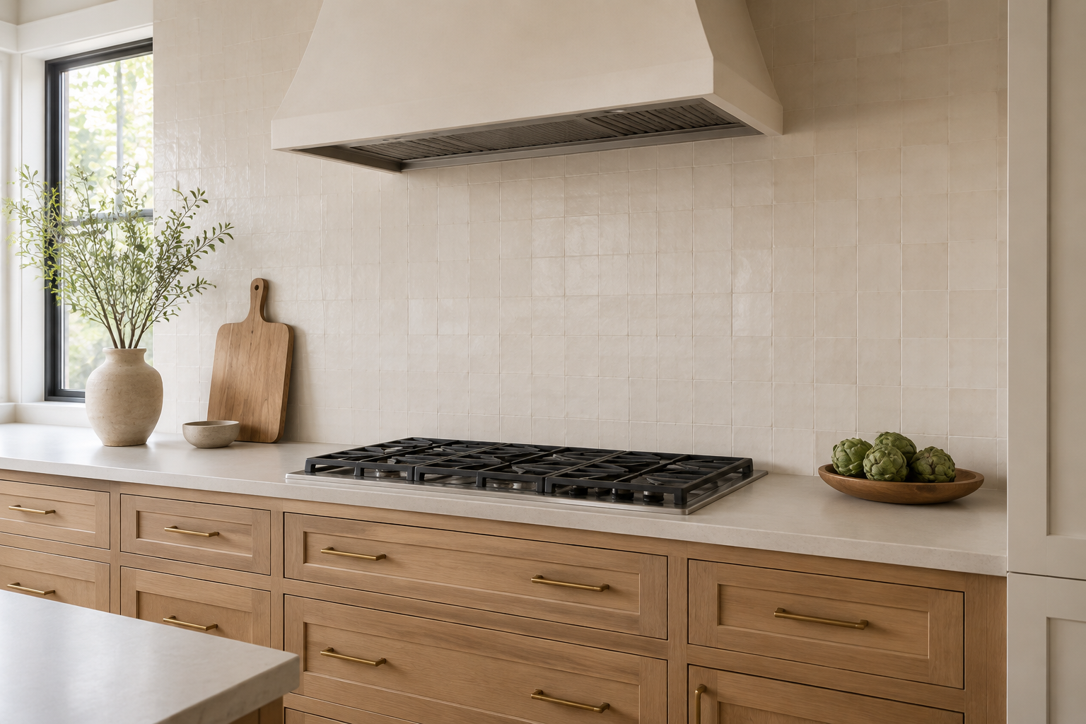 Cooktop planning view with clean boundary and coherent adjacent counter materials.