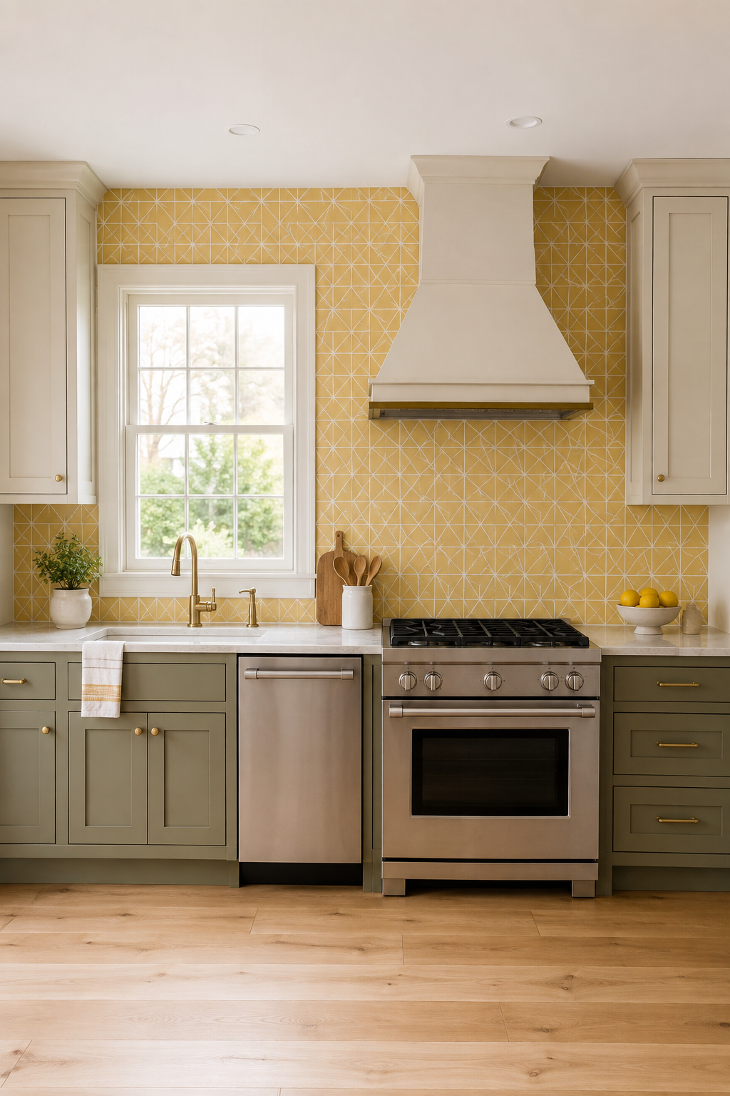 Lemon-yellow geometric tile aligned around a window, sink, cabinet edges, and centered vent hood.