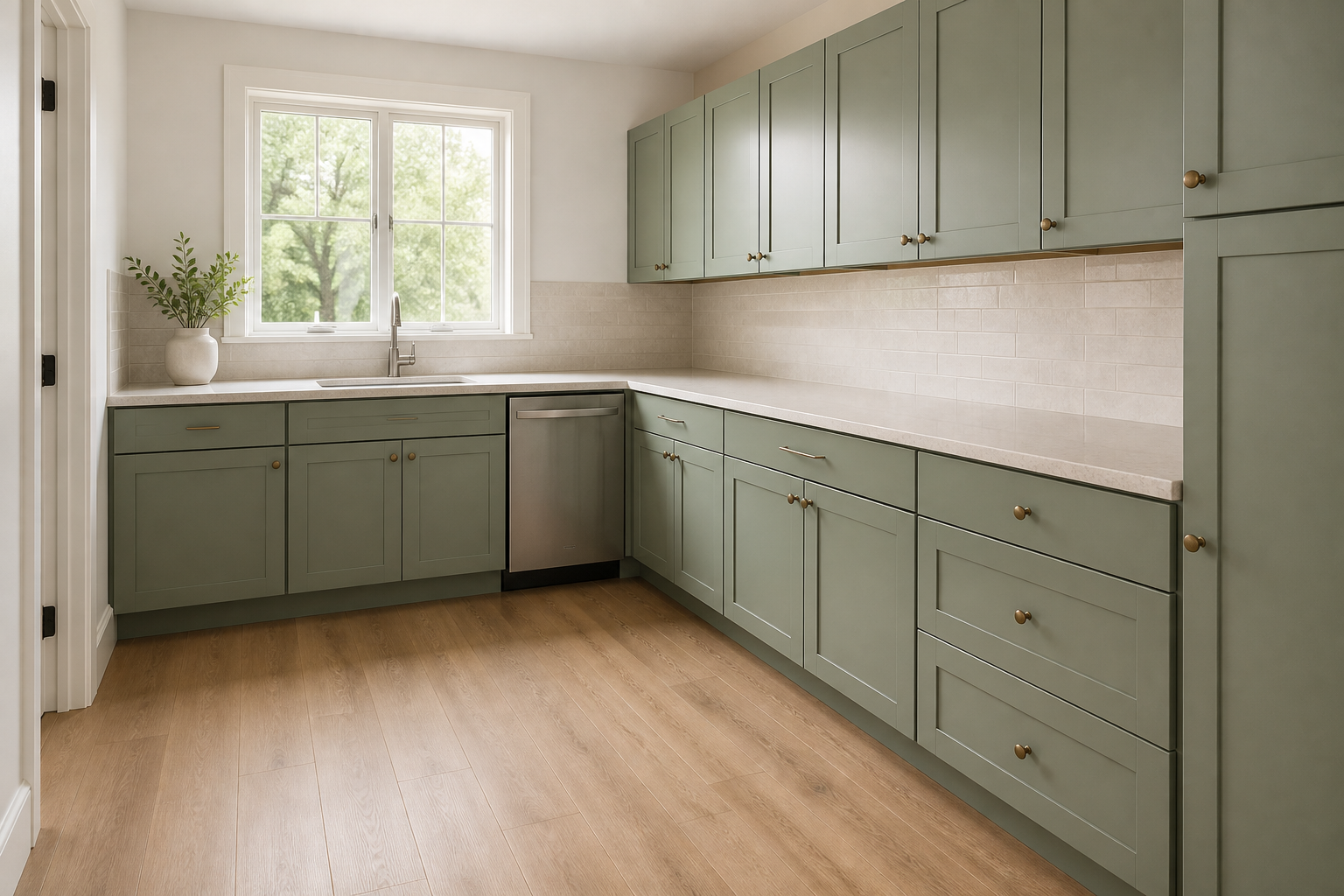 Realistic sage L-shaped kitchen with sink below a window, dishwasher beside it, and clear connected work areas.