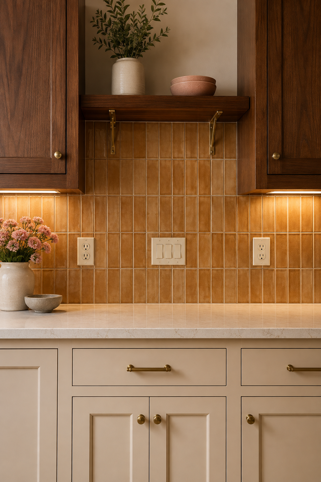 Amber tile cut cleanly around two outlets and a switch bank below task lights and a bracketed wood shelf.