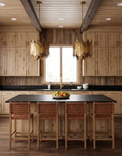 Concept image of a rustic kitchen arranged around a compact preparation, cooking, and cleanup path.