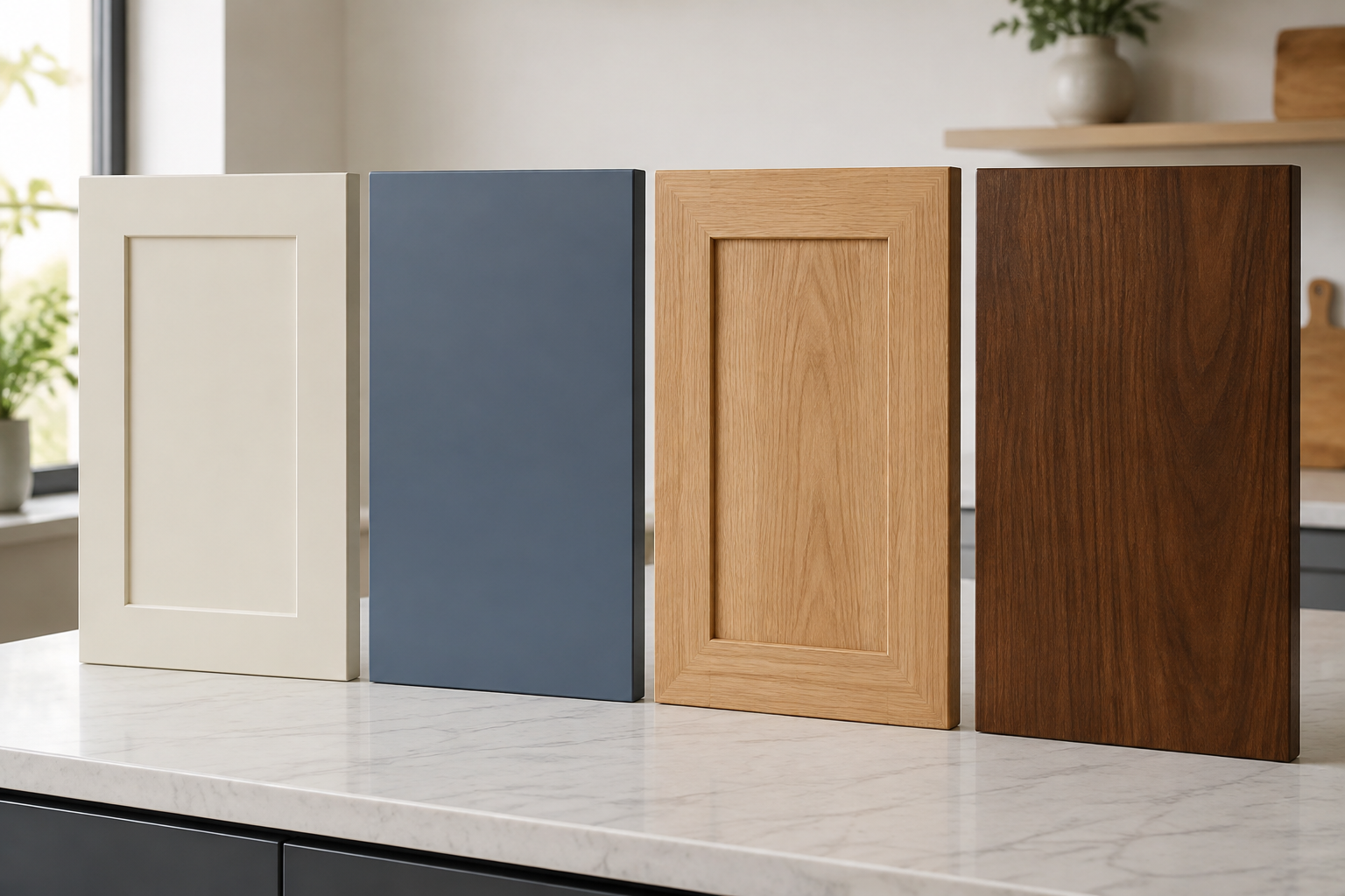 Four complete solid cabinet-door samples showing cream paint, muted-blue paint, clear-stained oak grain, and dark walnut-toned grain.