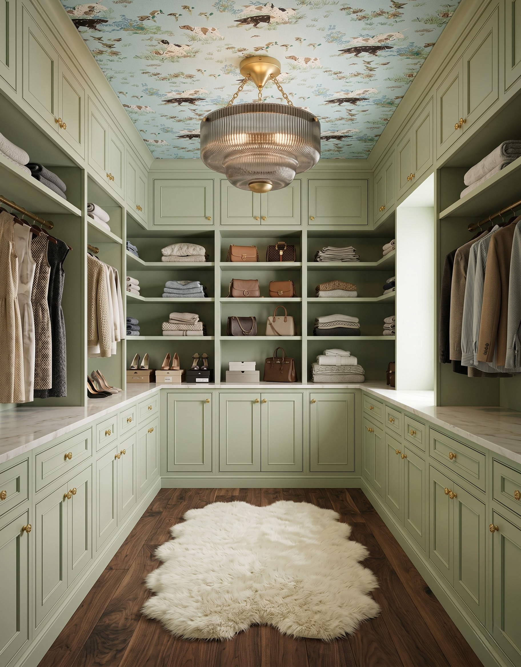 Irregular white shag rug on warm wood flooring in a pale sage closet with open shelves, hanging bays and a ribbed glass chandelier.