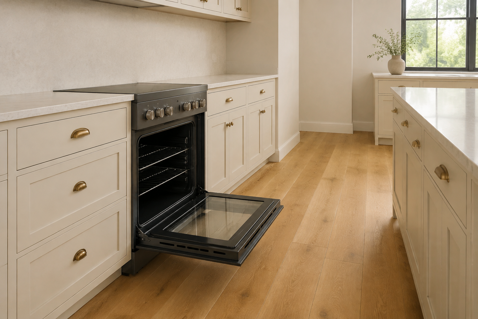 Range oven door open horizontally with its racks contained and a broad clear working aisle in front.