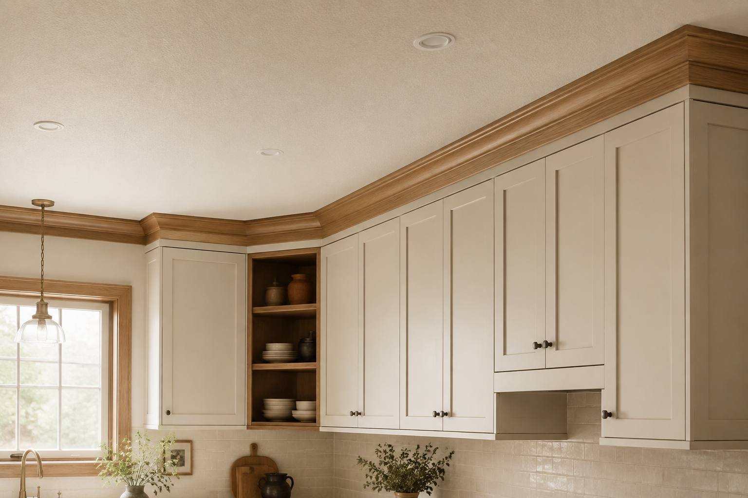 Upper cabinets meeting a slightly varying ceiling through a deliberate stacked trim and reveal detail.