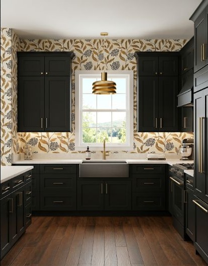 A black kitchen softened by dark wood and warm ambient light.