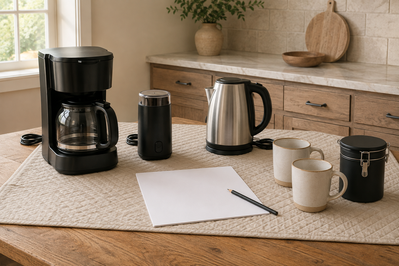 Unbranded coffee maker, grinder, kettle, mugs, filters, and canisters arranged on a protected table for planning.