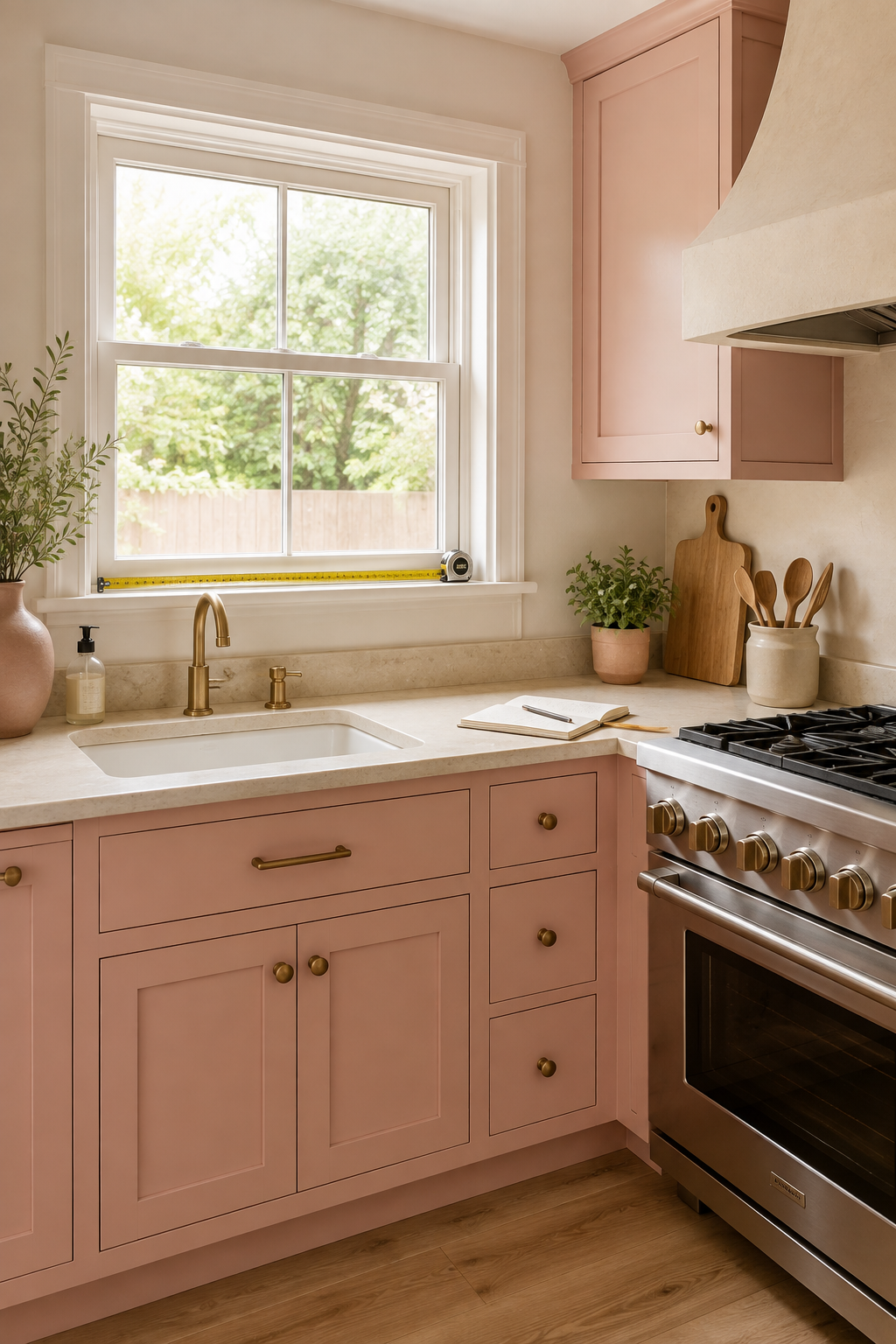A tape measure resting across a pink kitchen's window sill with a notebook ready on the counter below.