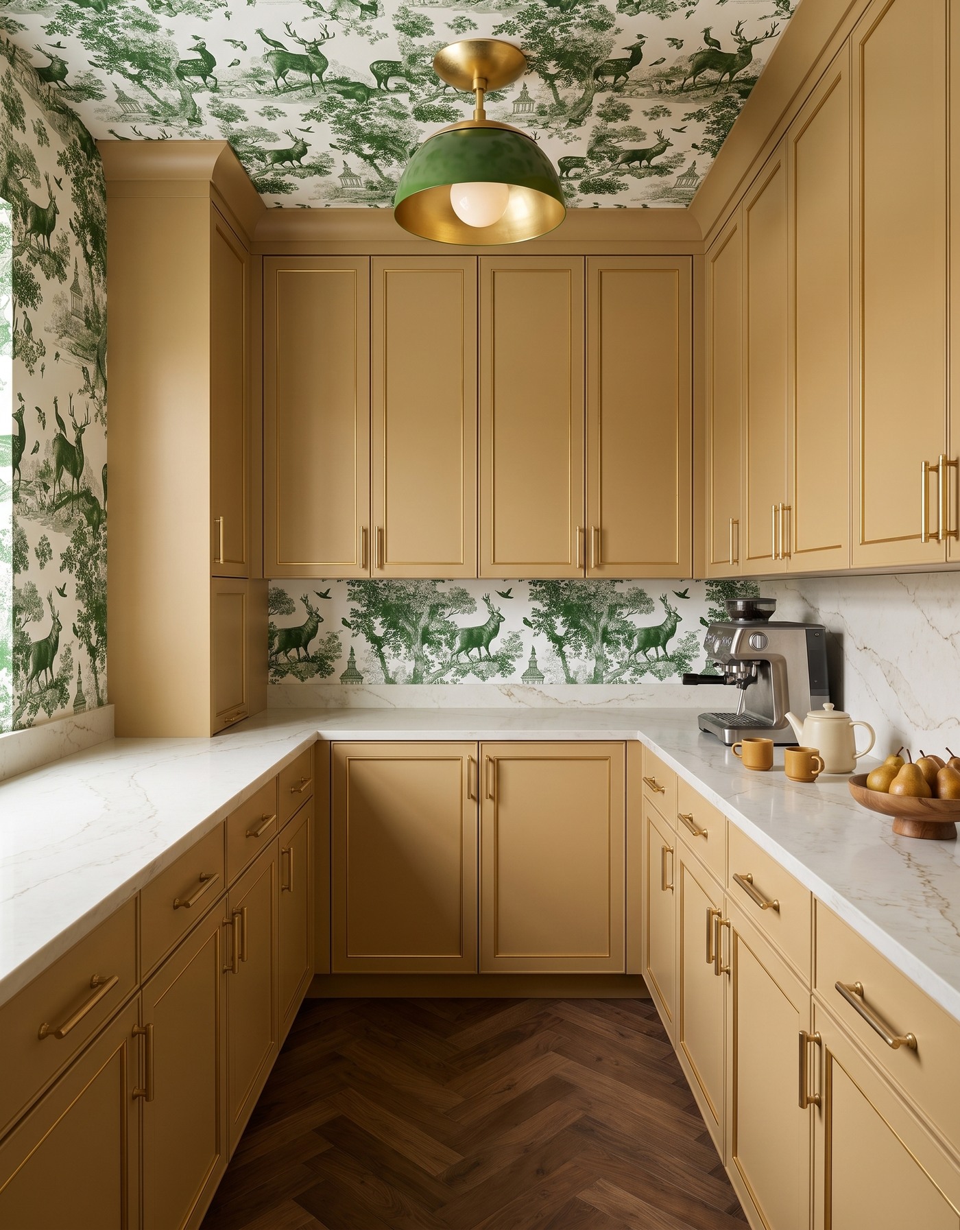 AI-created concept: Ochre pantry cabinets pair green woodland toile with a green dome light and warm herringbone floor.
