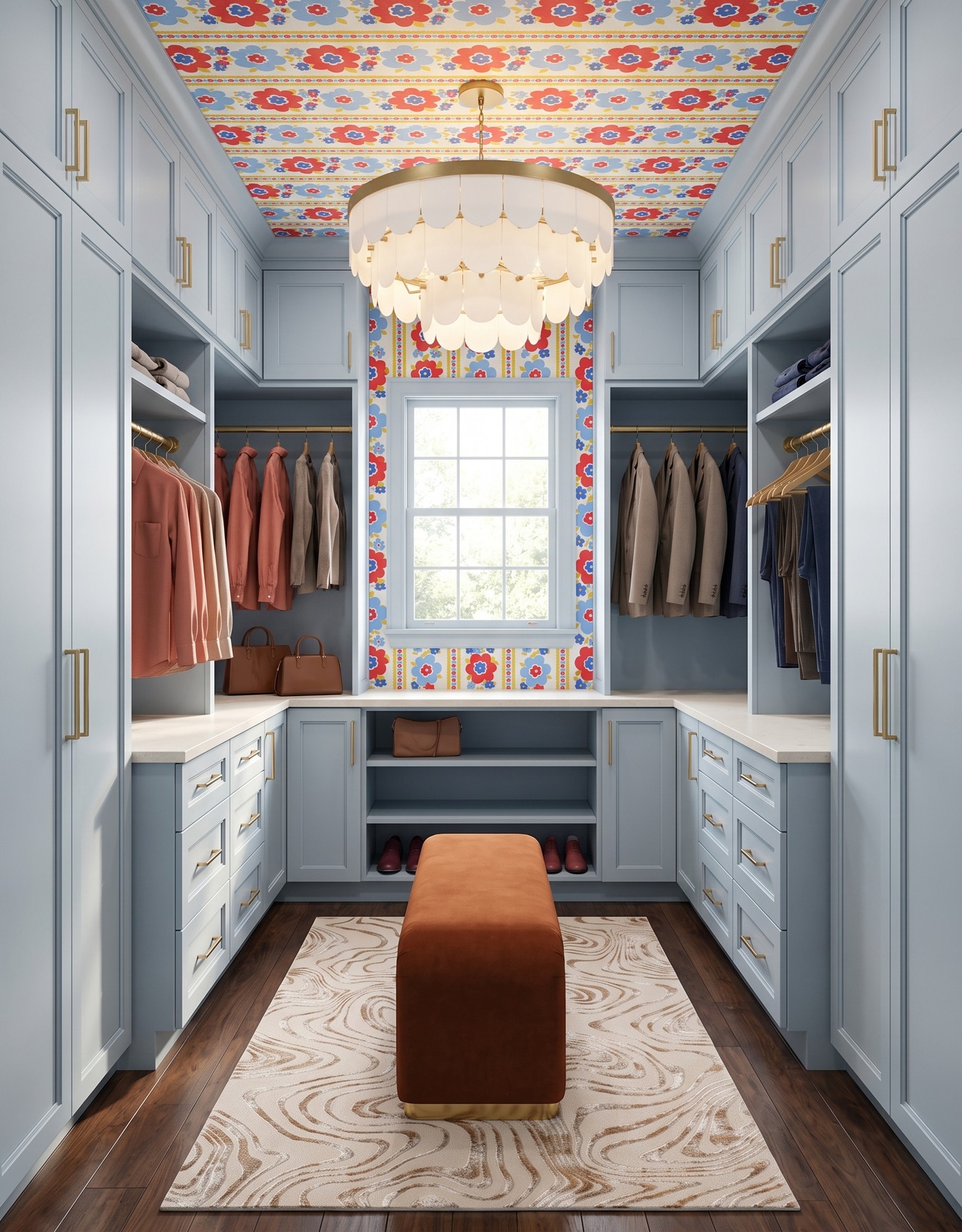 AI-created concept: Pale-blue closet cabinets and a rust bench anchor a red-and-blue floral ceiling.
