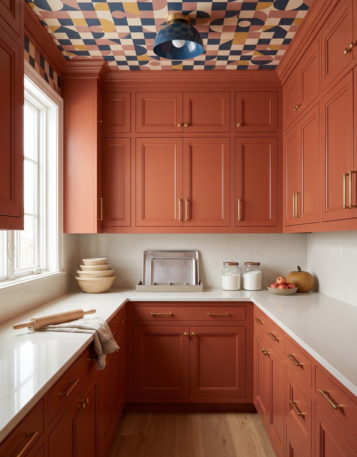 AI-created concept: Burnt-orange pantry with geometric ceiling wallpaper, a blue light and neatly grouped baking tools.