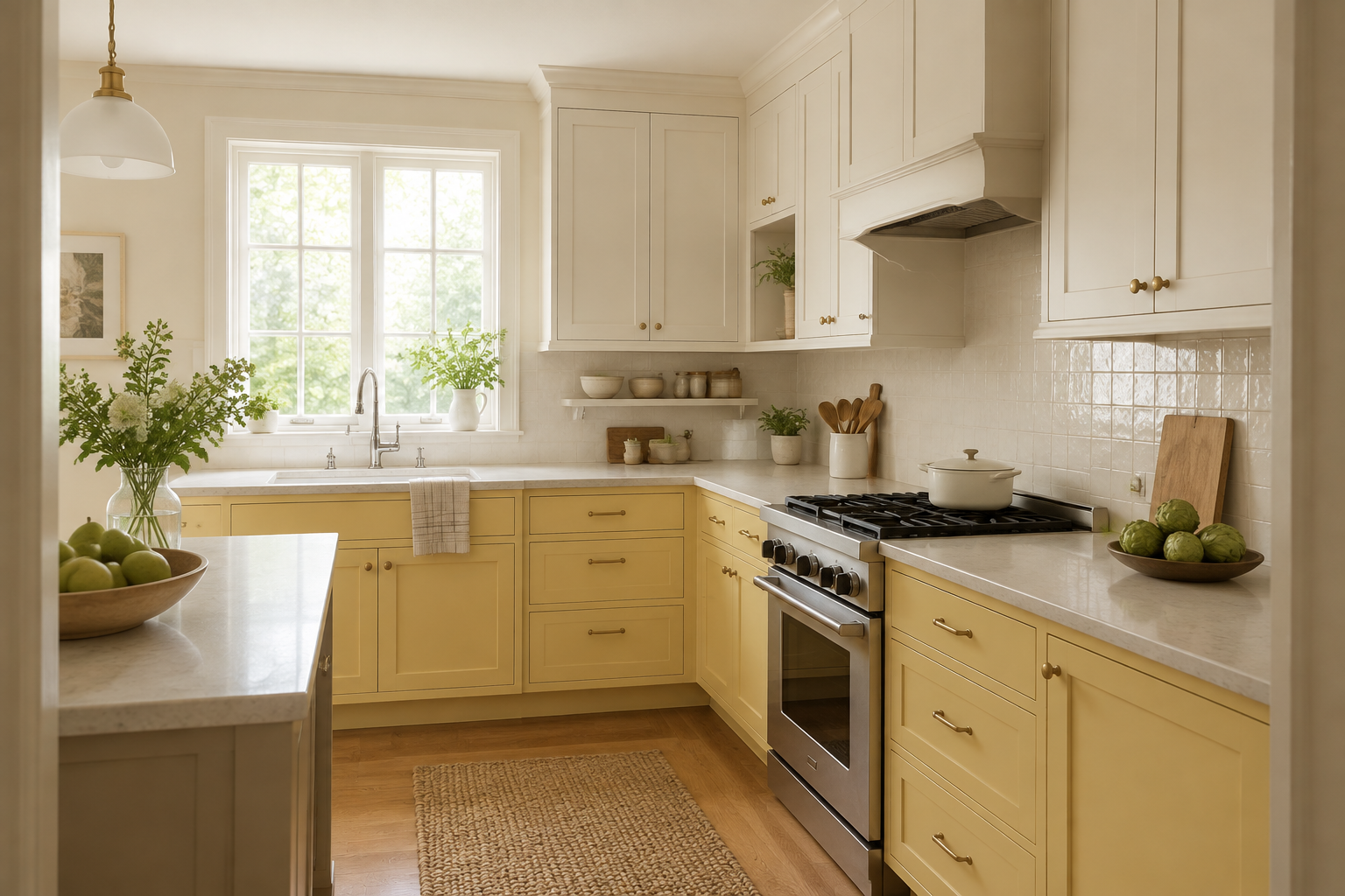 Butter-yellow lower cabinets with warm ivory uppers and pale stone work surfaces.