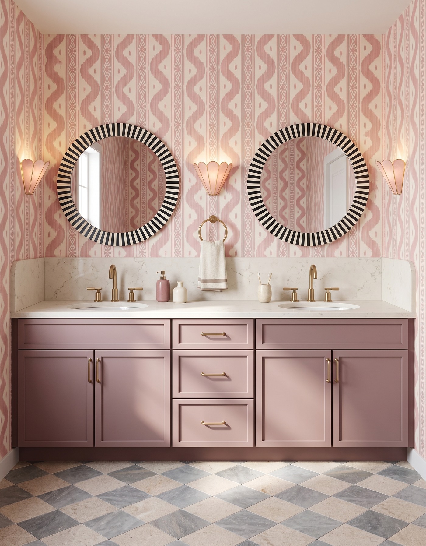 AI-created concept: A dusty-pink double vanity and blush ikat wallpaper are grounded by black-and-ivory striped mirrors.