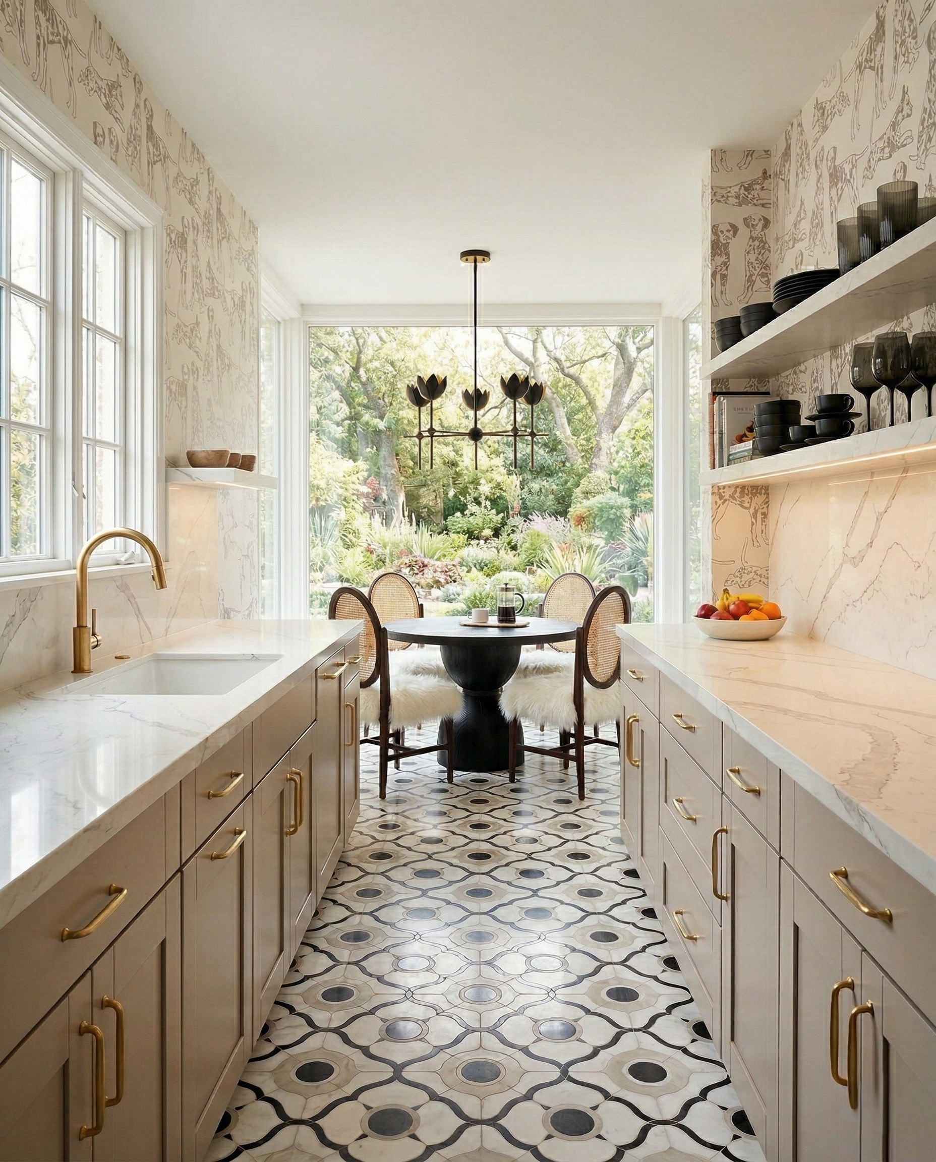 Beige galley kitchen with line-drawn dog wallpaper, black dishes and a black tulip chandelier above a dark table, with a cream-and-charcoal patterned floor.