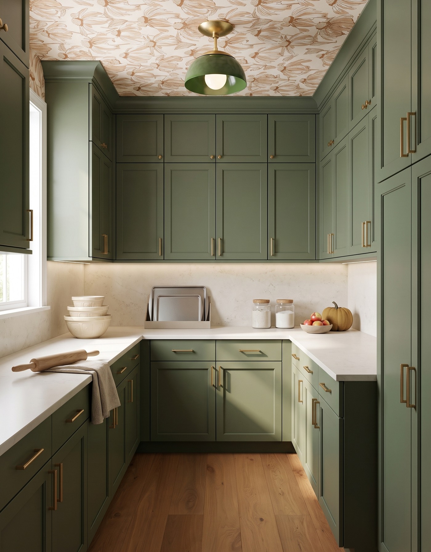 AI-created concept: Moss-green pantry beneath a cream-and-camel botanical ceiling, with bowls, trays, jars, apples and a pumpkin.