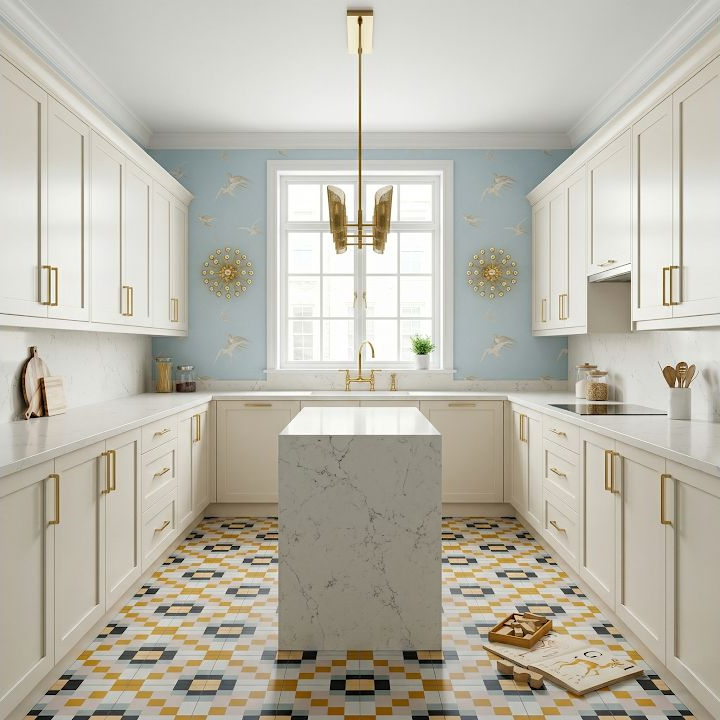Concept image of a white kitchen with pale blue bird wallpaper, a multicolor mosaic floor, brass lighting, and a centered island.