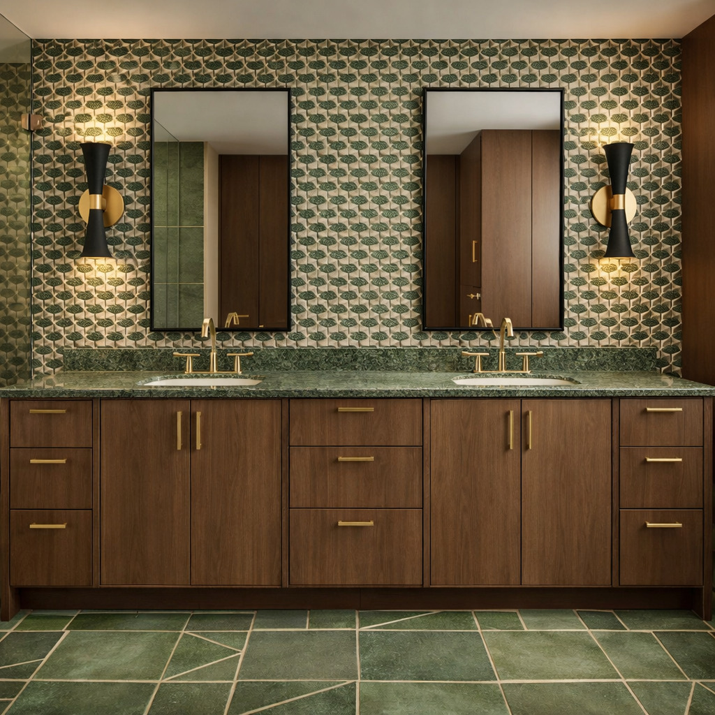 Tall thin black rectangular mirrors above a wood double vanity with a green counter, small green leaf wallpaper and black-and-gold sconces.
