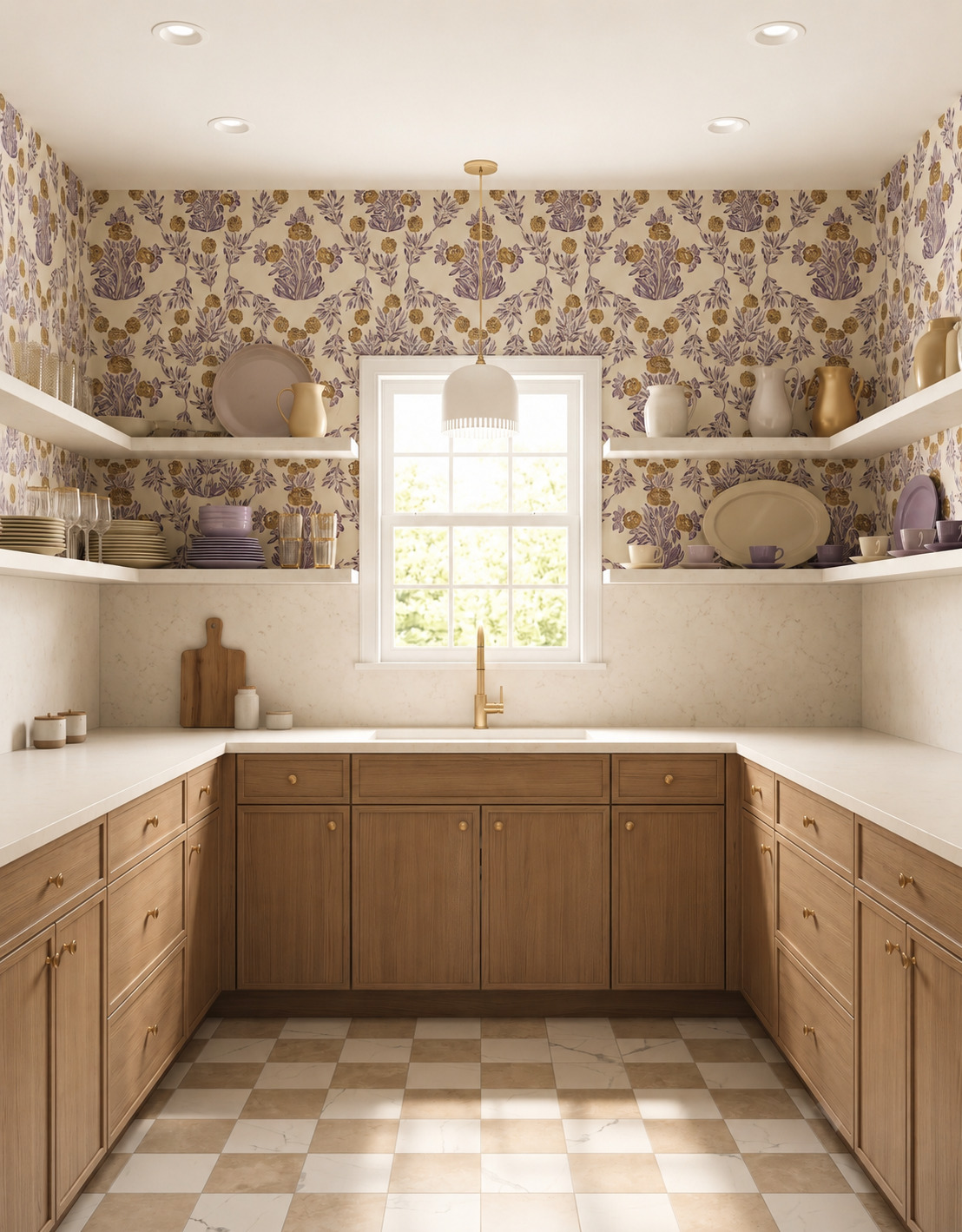 Warm wood U-shaped kitchen cabinets surrounding an open beige-and-cream checkerboard floor, with a centered sink window, white shelves and muted floral wallpaper.