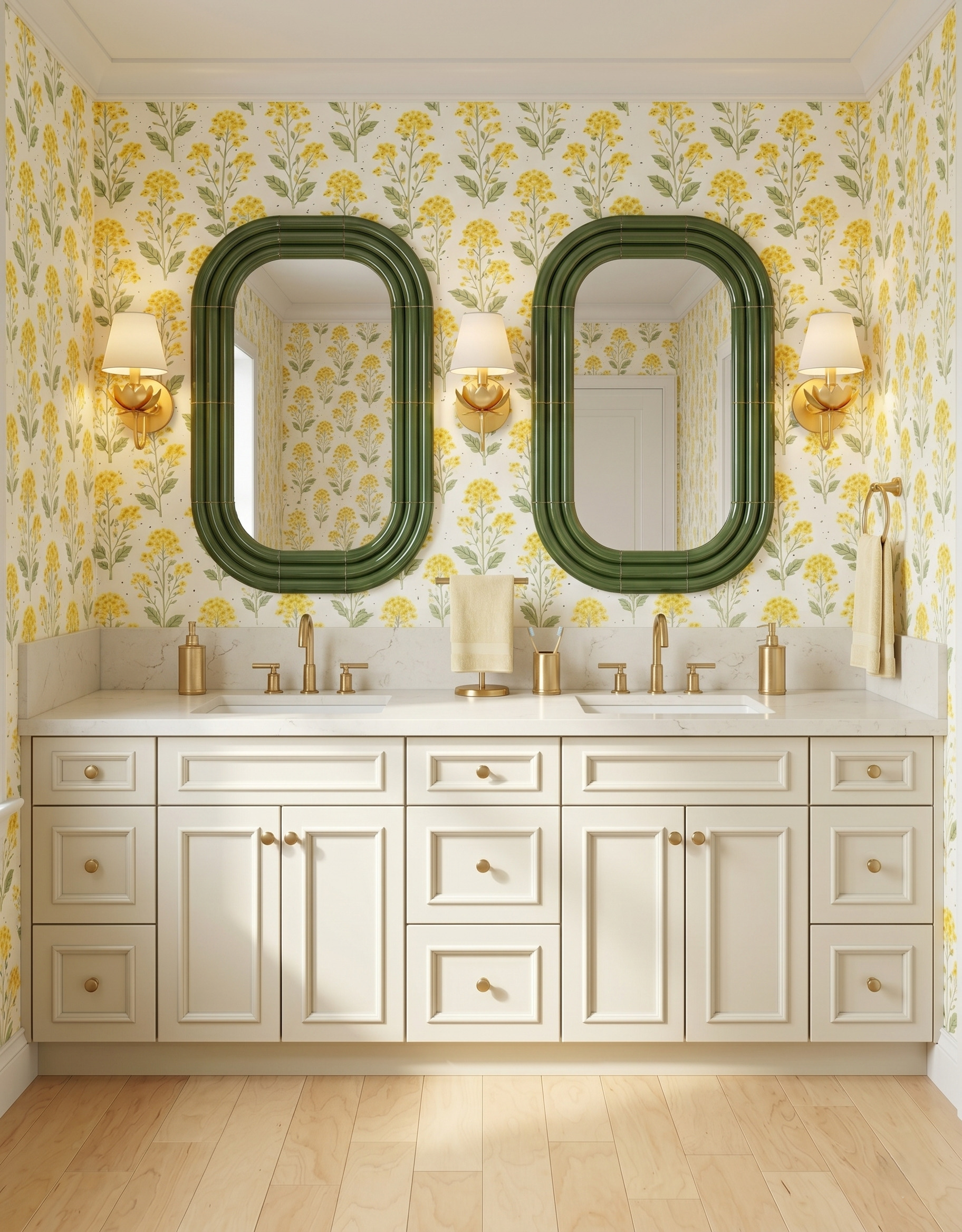 Off-white double vanity below yellow floral wallpaper, deep green oval mirrors and gold flower-shaped sconces with cream shades.