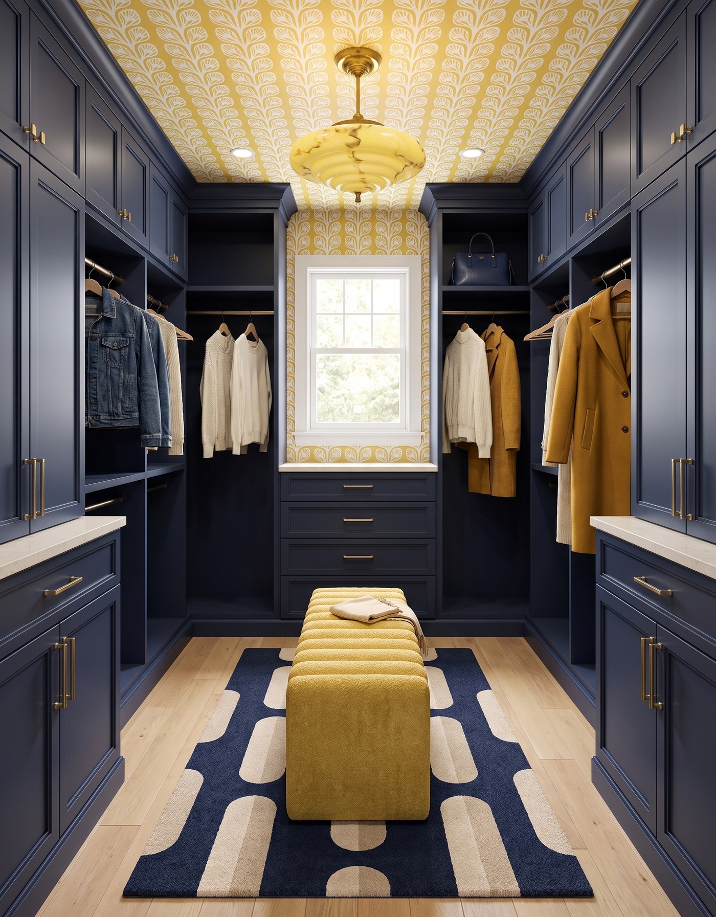 AI-created concept: Navy closet cabinetry gives saffron leaf wallpaper and mustard seating a crisp contrast.