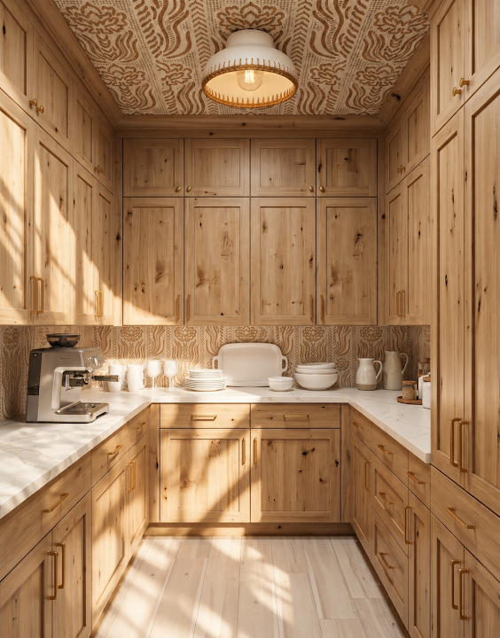 Concept image of a light wood U-shaped pantry with full cabinet walls, pale counters, and a warm patterned ceiling.