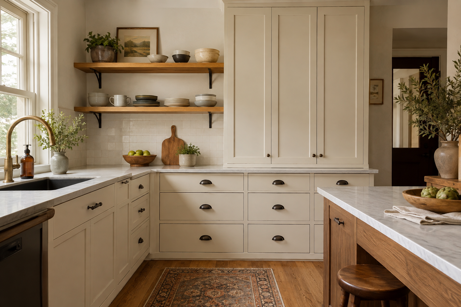 Kitchen combining a compact pair of oak shelves, closed cream upper cabinets, and deep drawers.