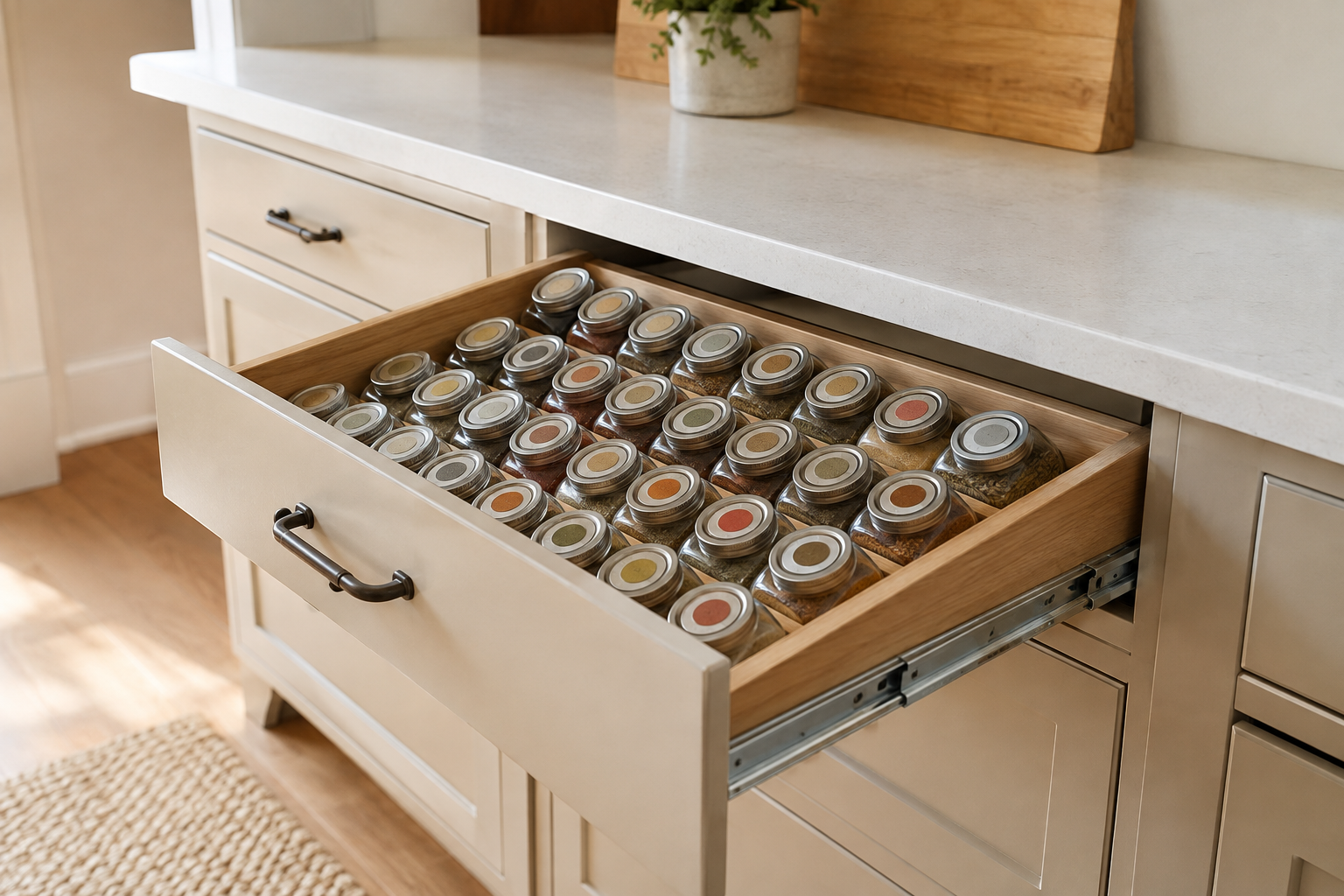 A shallow cream drawer holds rows of supported angled spice jars with their round lids visible from above.