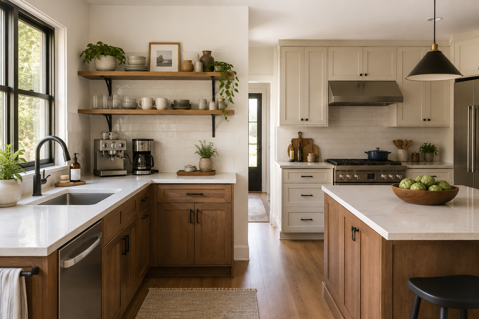 Open shelves on a sink and coffee wall separated from closed cabinets around the cooking zone.