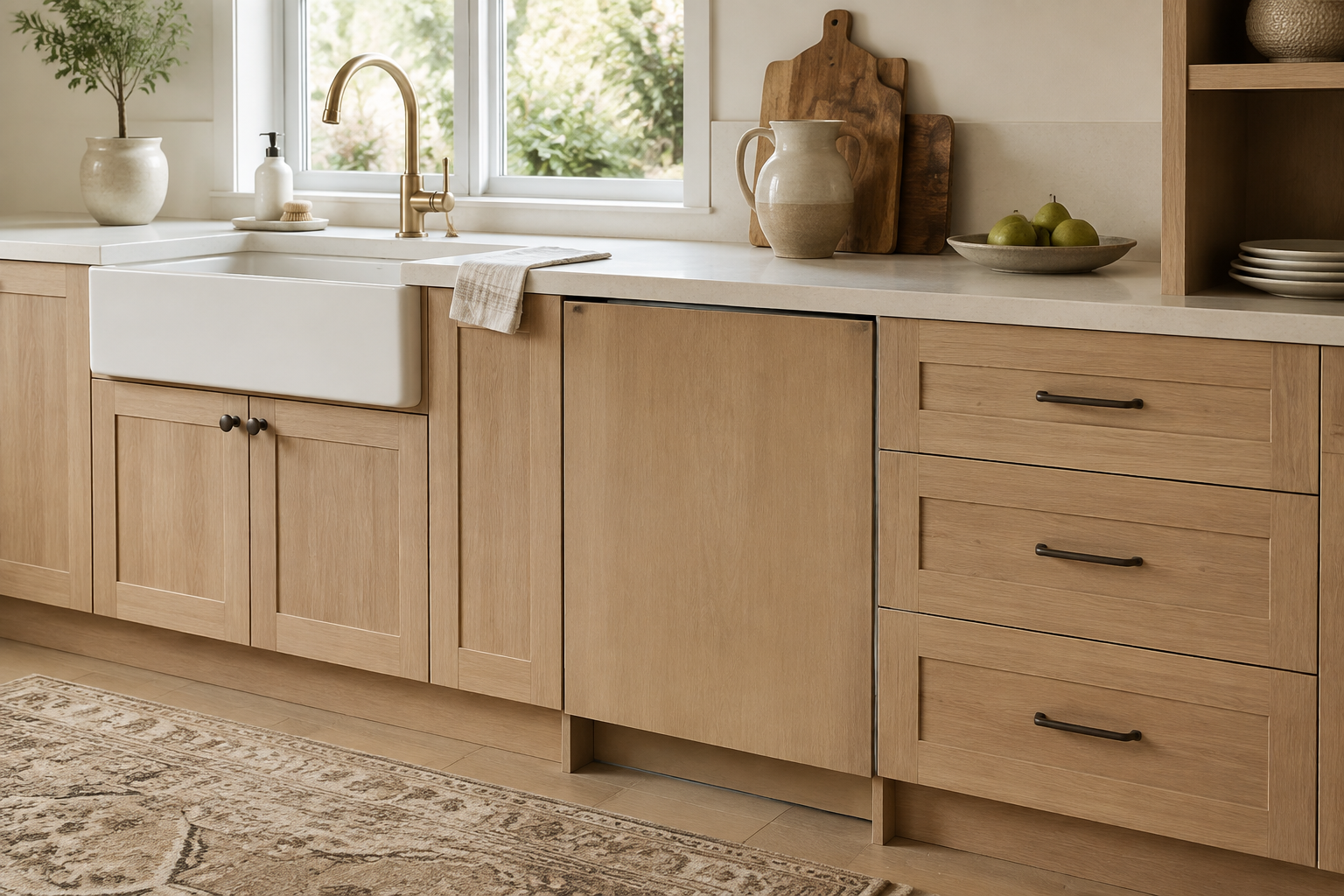 Blank panel-ready dishwasher beside a farmhouse-style sink, counter landing space, and nearby dish drawers.