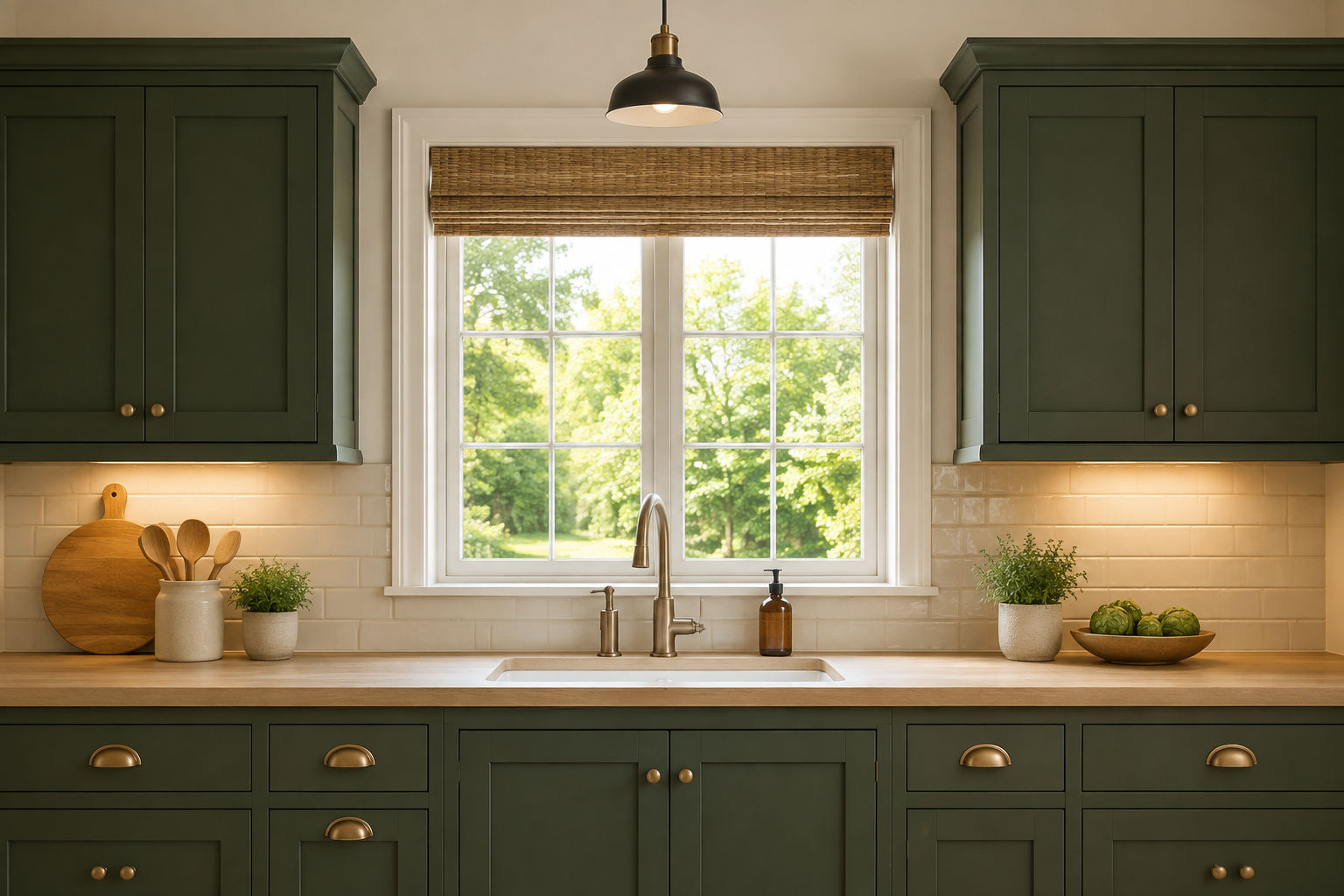Unobstructed kitchen window with a Roman shade, nearby pendant, and under-cabinet lighting coordinated above a sink counter.