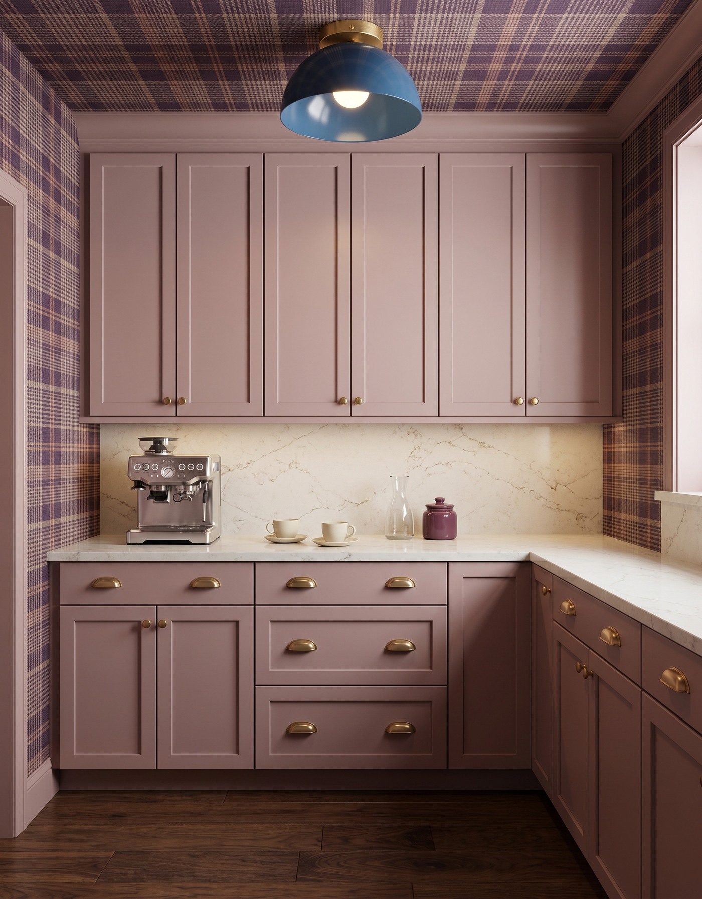AI-created concept: Dusty-mauve pantry cabinets sit against plum plaid with a blue dome light and dark wood flooring.