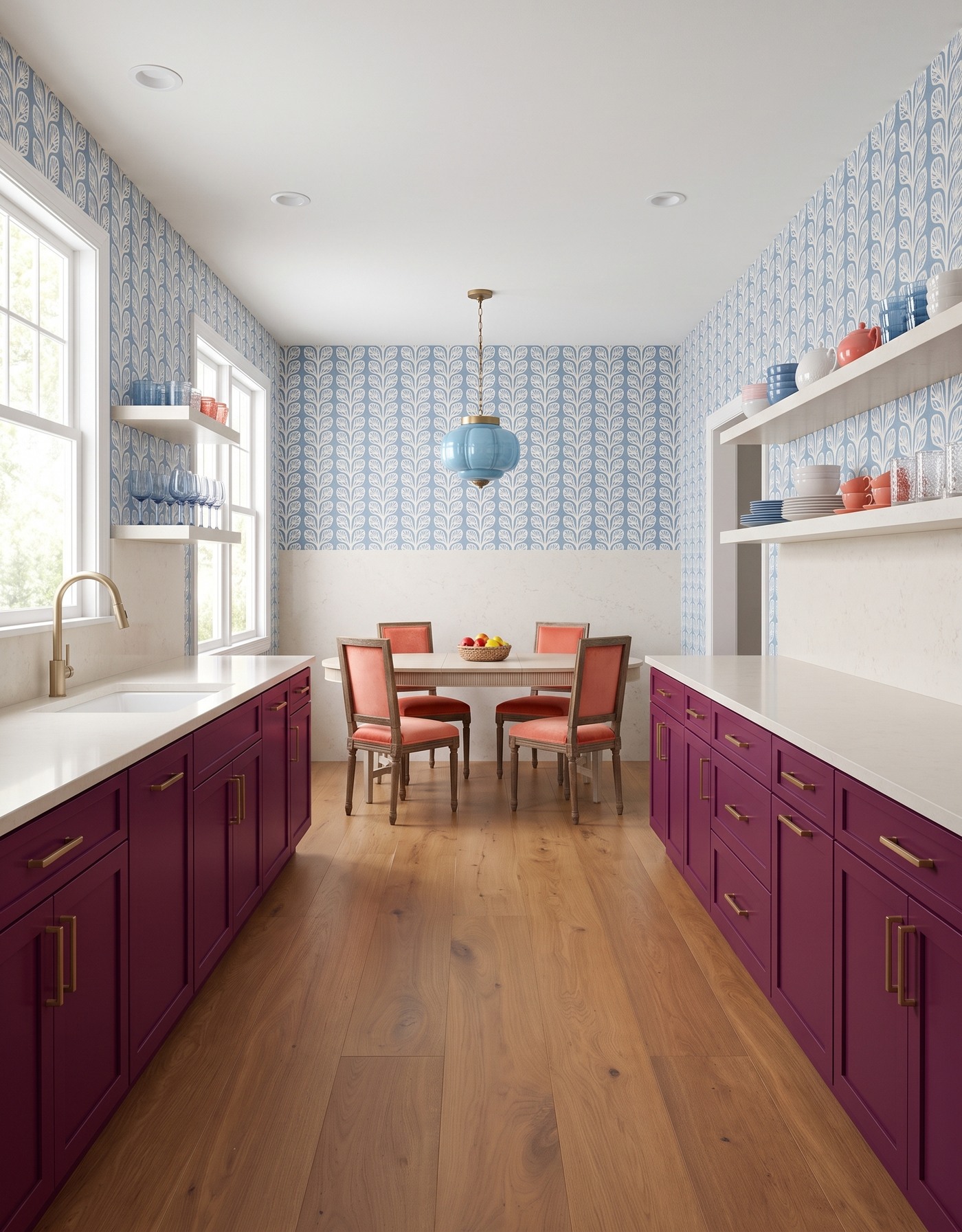 AI-created concept: Berry galley cabinets with blue leafy wallpaper, coral chairs and a pale oval breakfast table.