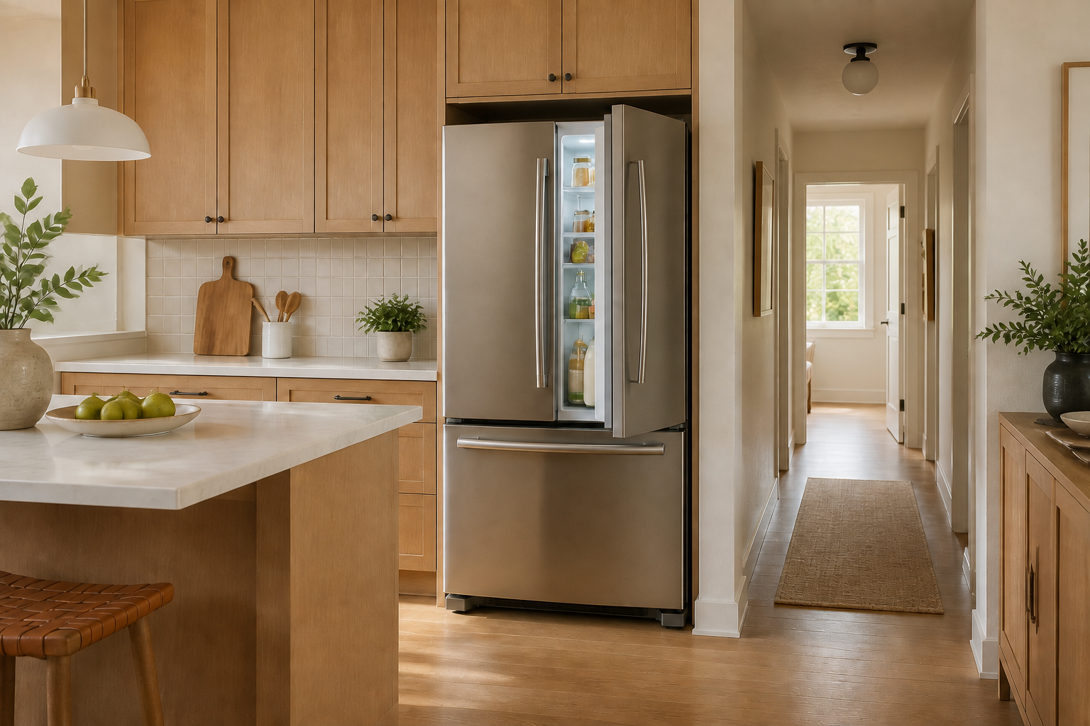 Open unbranded refrigerator beside a clear counter landing area and a separate household passage.