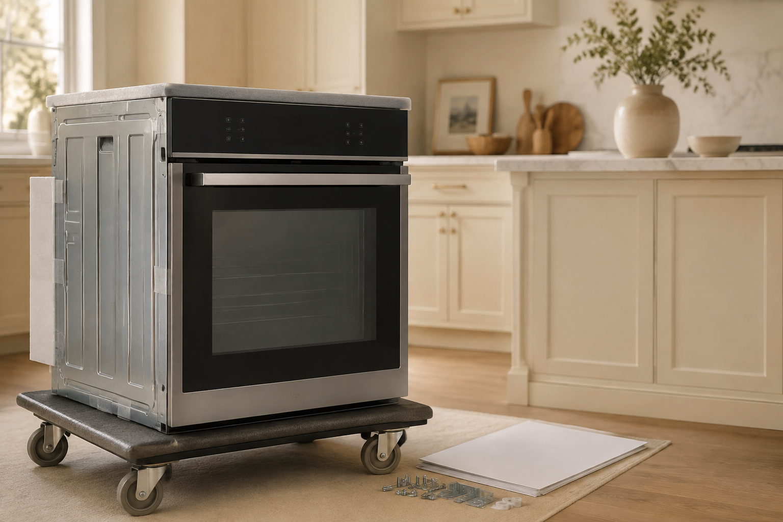 Unbranded single wall oven protected on an appliance dolly beside blank product-planning sheets and mounting hardware.