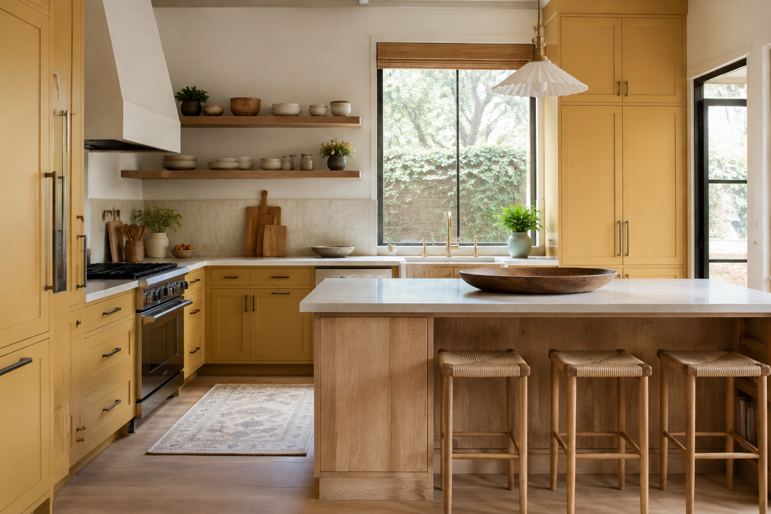 Ochre-yellow cabinets grounded by a natural oak island, oak shelves, and pale mineral surfaces.
