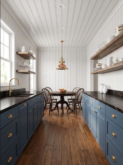 A coastal blue-and-white galley kitchen with tactile beadboard surfaces.