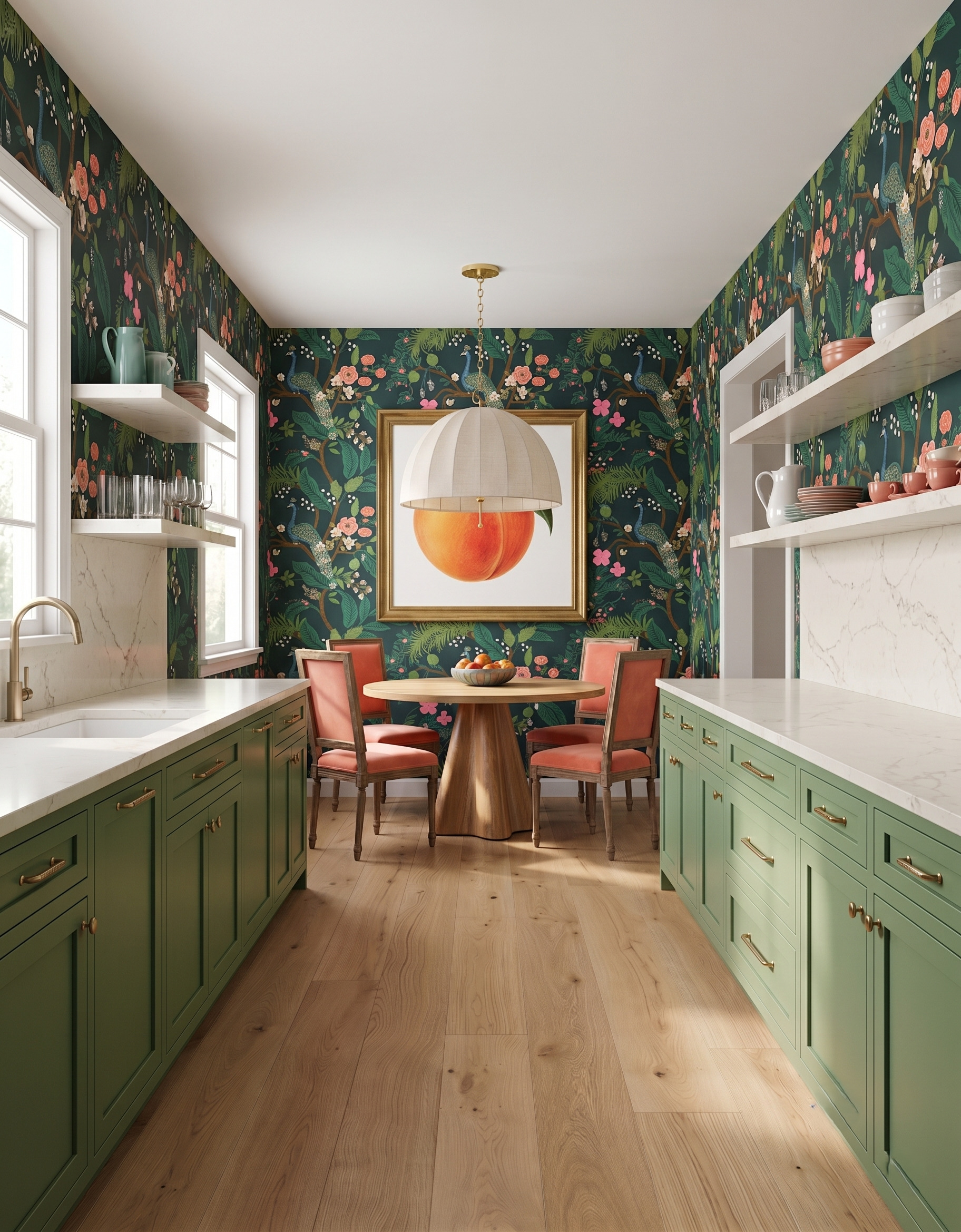 Moss-green galley cabinets beside light wood-look boards leading to a wood table and peach chairs beneath a framed peach print.