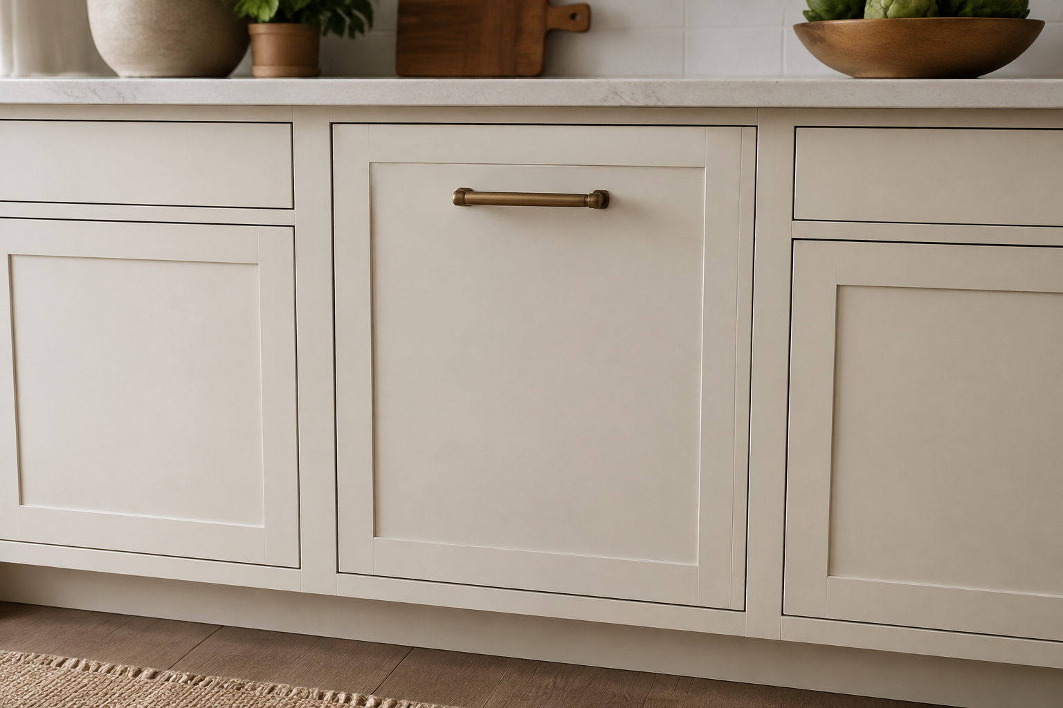 Closed waste-pullout cabinet front with one centered sturdy pull and even reveals beside ordinary drawers.