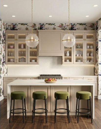 A beige-and-taupe kitchen with glass details and an open counter ready for work.