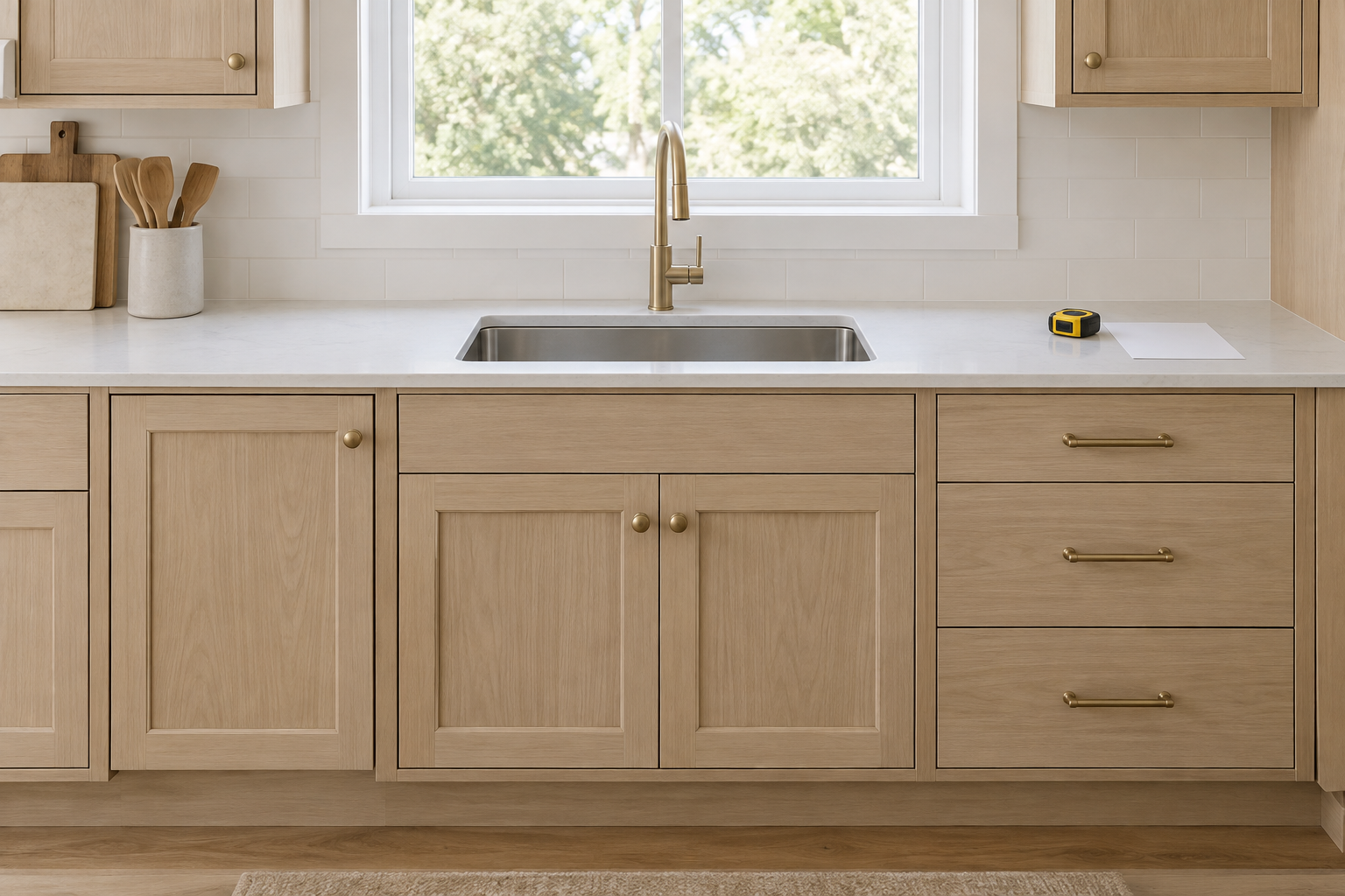 Single-bowl sink centered above a closed two-door sink base, with separate neighboring storage and a tape measure on the counter.