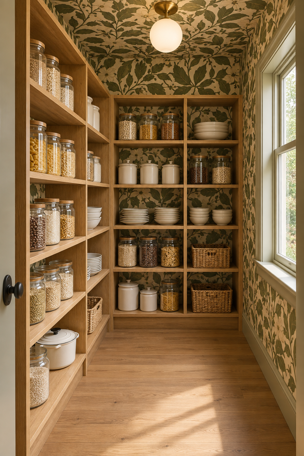 Generated pantry concept with shallow oak shelves on two walls, plain food jars and dishes, a right-side window and a clear central aisle.