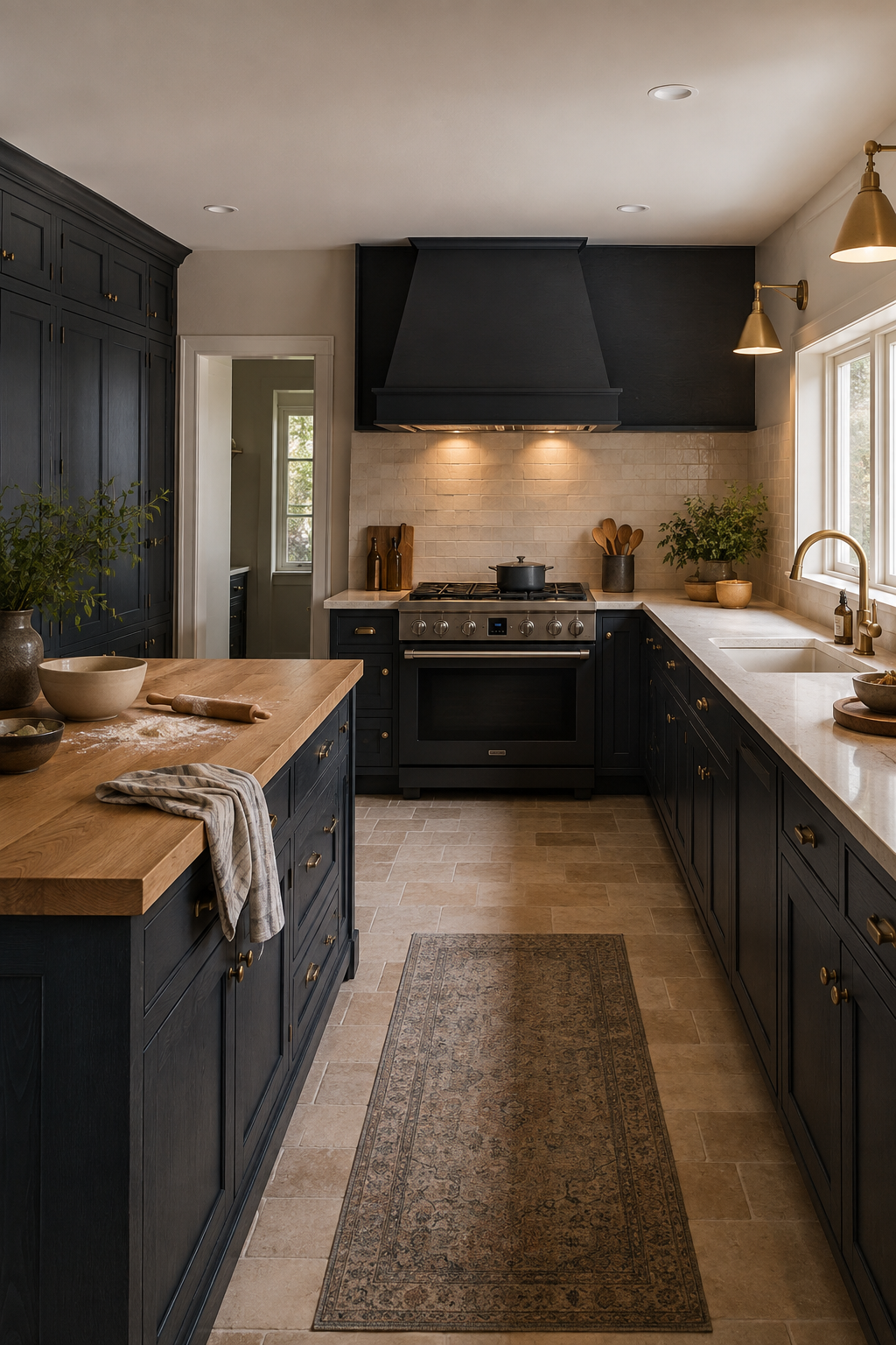A moody blue kitchen with a vented range, separate sink, pantry storage, baking counter, and clear work aisle.
