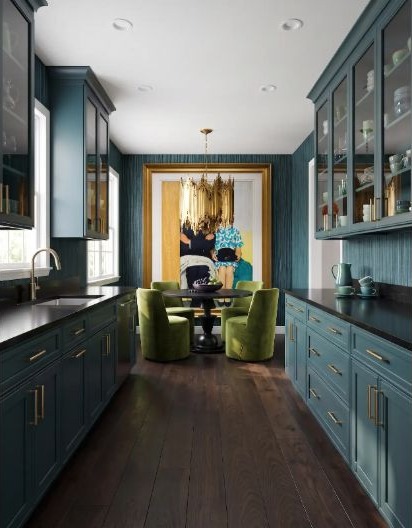 A smoky-blue kitchen with several material choices that could change project scope.