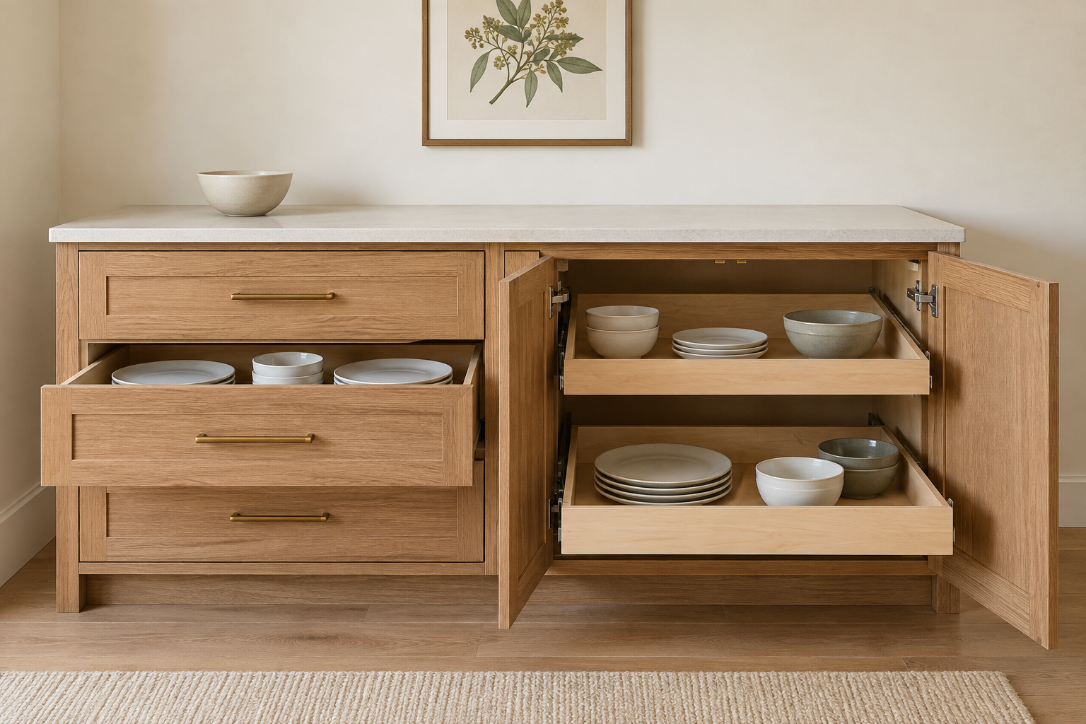 Separate dry-storage cabinets compare an open dish drawer with two rollout shelves behind hinged doors beneath a continuous counter.